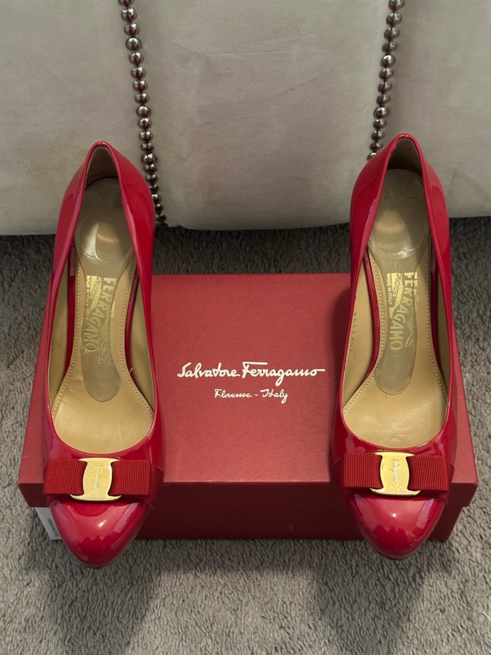 Salvatore Ferragamo Red Patent Vara Bow Heels